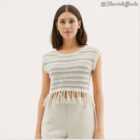 American Eagle Outfitters Crochet Woven Tassel Fringe Boho Top Oatmeal S - Picture 1 of 9